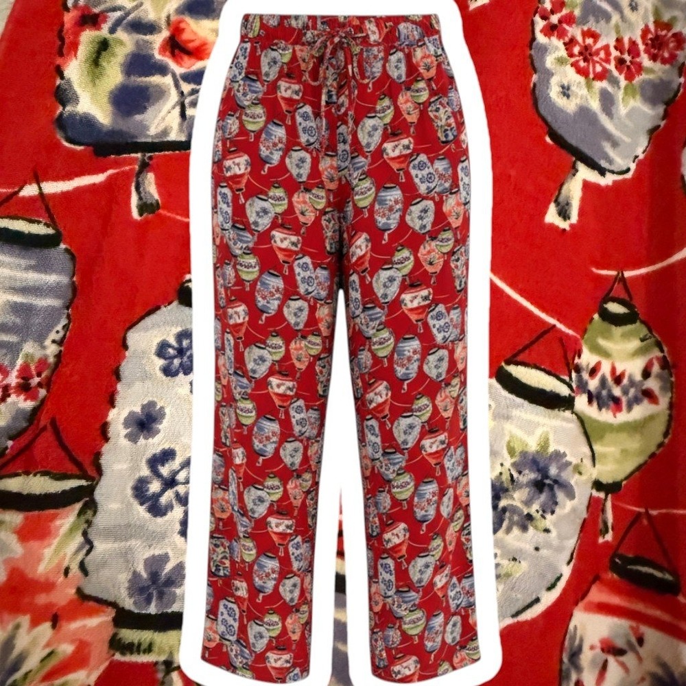 Vintage Intriguing Threads Pants Women Lrg Red Lantern Print Wide Leg AsianCore